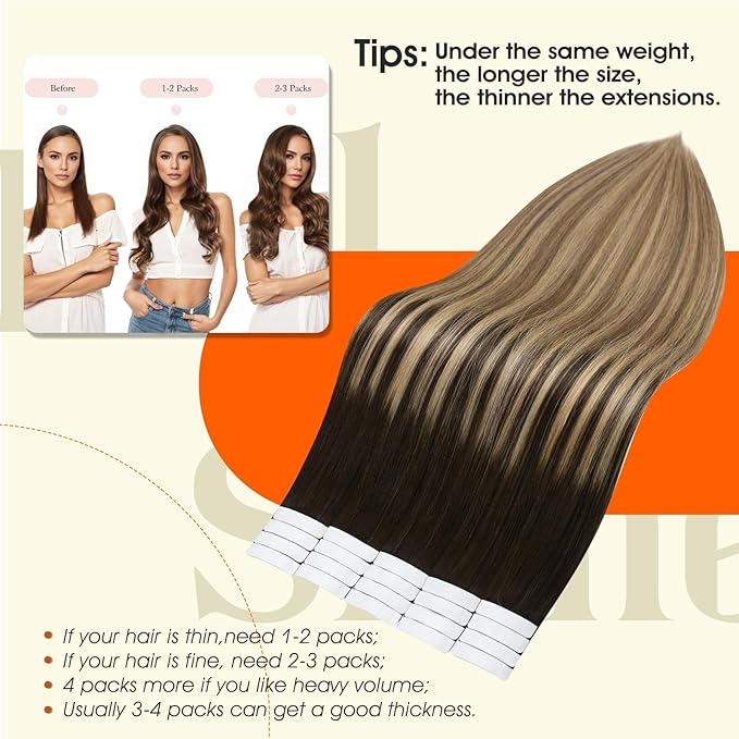 Full Shine Balayage Human Hair Tape in Extensions Color 2/8/27 Tape in Hair Extensions 14Inch Tapes in Extensions Seamless Glue in Human Hair Extensions Remy Hair 20Pcs 50G Invisible Tapes Extensions