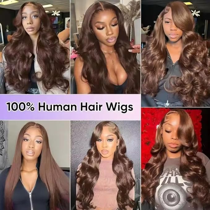 Chocolate Brown Lace Front Wigs Human Hair with Baby Hair 200 Density 13x4 Body Wave Lace Frontal Human Wigs Pre Plucked 4# Brown Wig 30 Inch