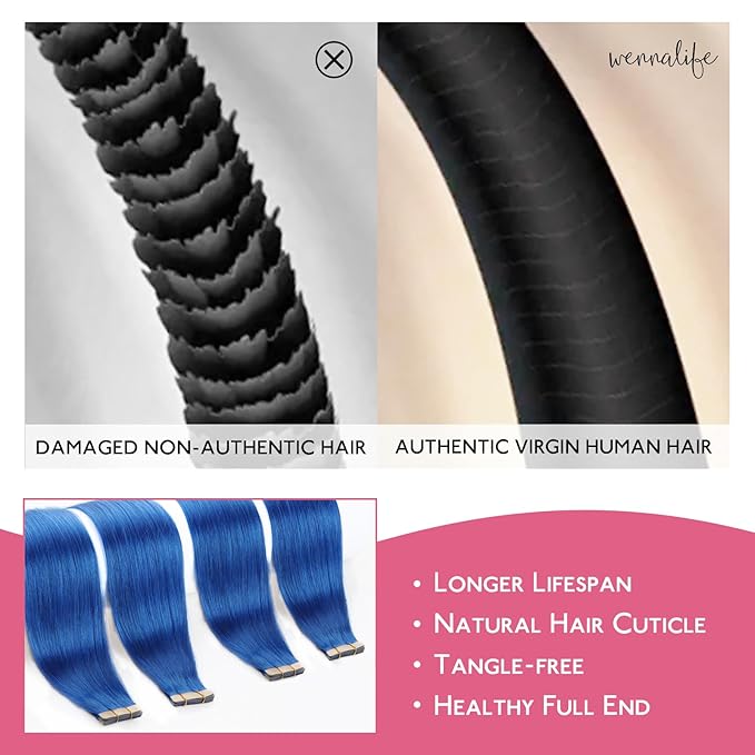 WENNALIFE Tape in Hair Extensions Human Hair Blue Tape in Extensions, 10pcs 25g 14 inch Remy Invisible Tape Ins Straight Colored Soft Real Human Hair Tape in Extensions Refill Set Extensions