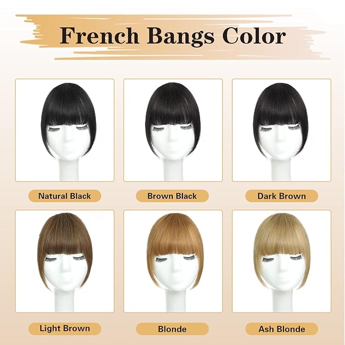 NAYOO Bangs Hair Clip - Light Brown Fake Bangs 100% Real Human Hair Extensions French Bangs for Women Fringe with Temples Hairpieces Curved Bangs for Daily Wear(Light Brown, French Bangs)