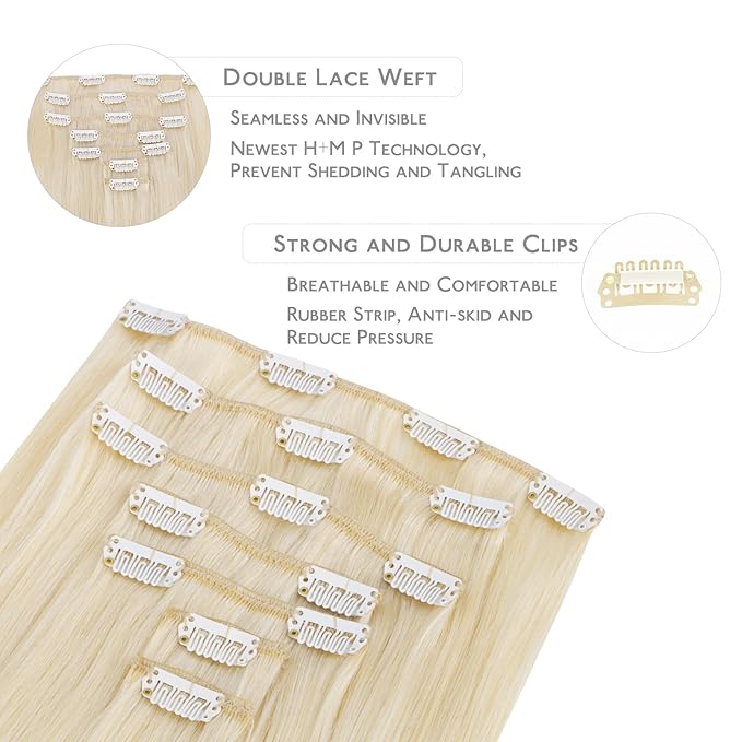 WENNALIFE Clip in Hair Extensions Real Human Hair, 14 Inch 120g 7pcs Platinum Blonde Hair Extensions Clip in Human Hair Remy Clip in Hair Extensions Real Human Hair Double Weft