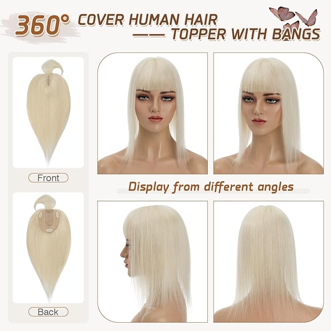 Rich Choices Real Human Hair Topper for Women With Bang - 100% Remy Hair for Thinning Hair, Clip in Silk Base, 12 Inch #60 Platinum Blonde