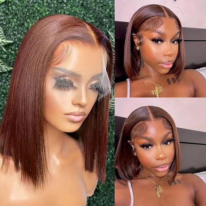 Short Bob Wig Human Hair Straight 4x4 HD Transparent Lace Front Wigs 100 Percent Real Human Hair Chocolate Brown Bob Wig for Women Pre Plucked 180% Density Brown Color 12 Inch
