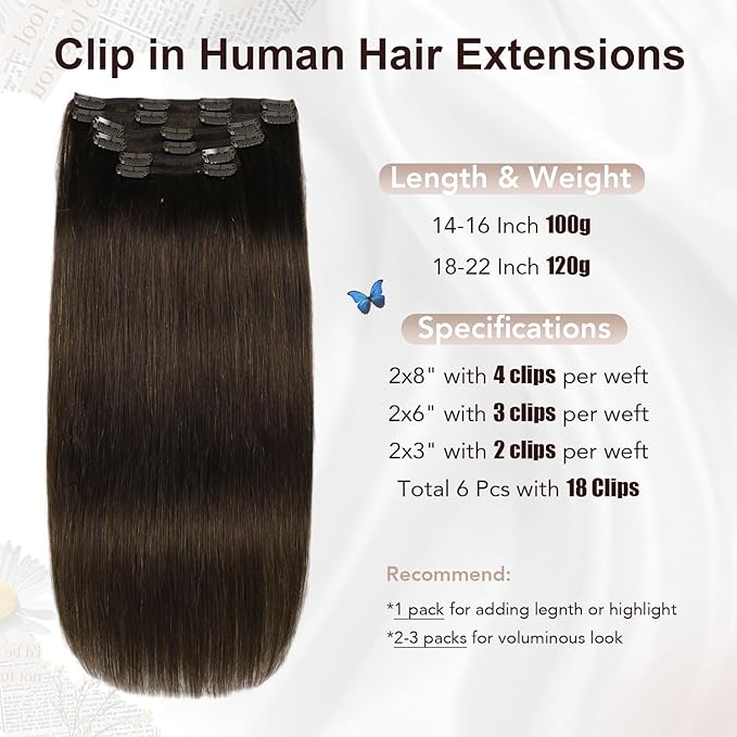 XDhair Clip in Hair Extensions Real Human Hair, 120G 6 Pcs Human Hair Clip in Extensions,Dark Brown Hair Extension Silky Straight #2 18 Inch