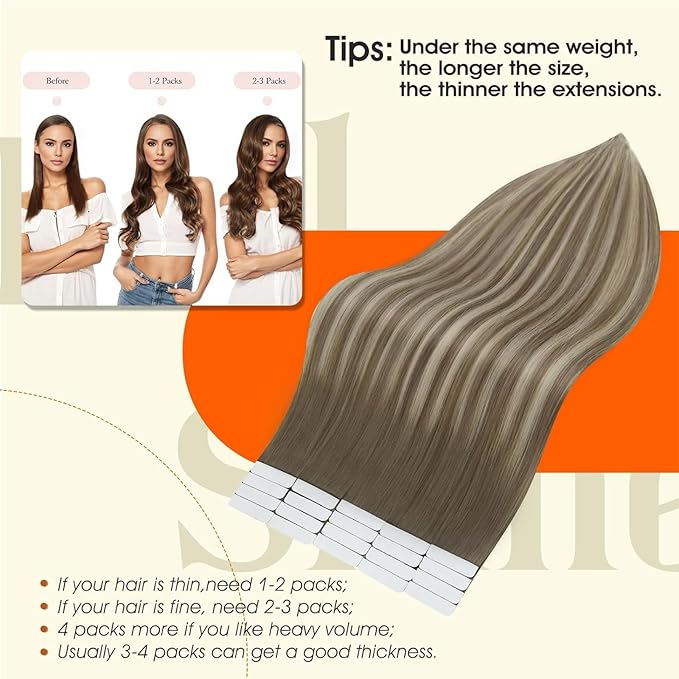 Full Shine Remy Tape in Human Hair Extensions Color 7/1000/7 Balayage Blonde Tape in Extensions Seamless Invisible Tape ins Hair Extensions Real Human Hair 20Inch Long Straight Hair 50G 20Pcs Natural