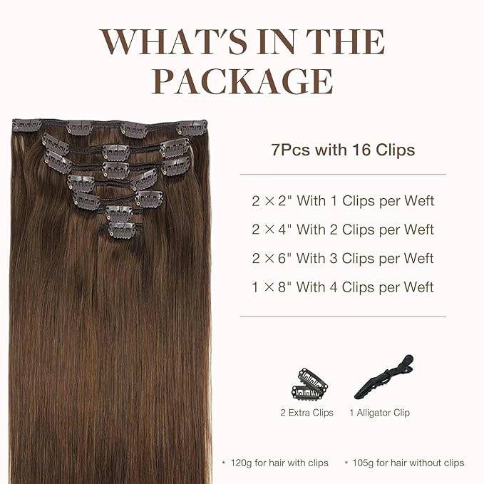 GOO GOO Clip in Hair Extensions Real Human Hair, Remy Human Hair Extensions Clip ins for Women, Natural Human Hair, 24inch 170g 7Pcs, #4A Chocolate Brown