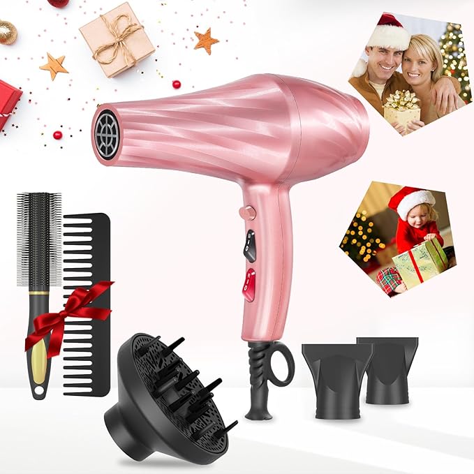 Ionic Hair Dryer,2400W Negative Ion Low Noise Hair Dryer Professional Fast Drying Hair Dryers with 2 Speeds, 3 Heat Settings, Cooling Button,with Diffuser for Curly and Straight Hair（Sakura Pink）