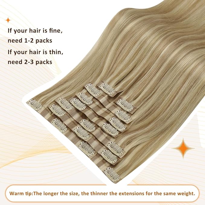 Full Shine Clip in Hair Extensions 20 inch 150g 8Pcs Seamless Clip ins Human Hair Dirty Blonde with Highlights Hair Extensions Ease of Use