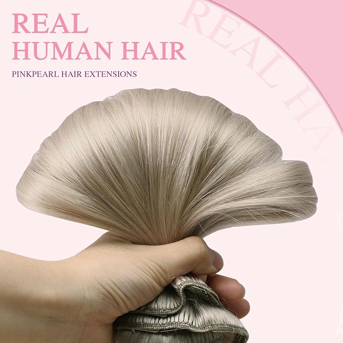 PINKPEARL Clip in Hair Extensions Real Human Hair, 18 Inch 120g 7pcs #1000 Gray Blonde Human Hair Extensions Clip Ins, Remy Hair Clip ins(#1000-18)