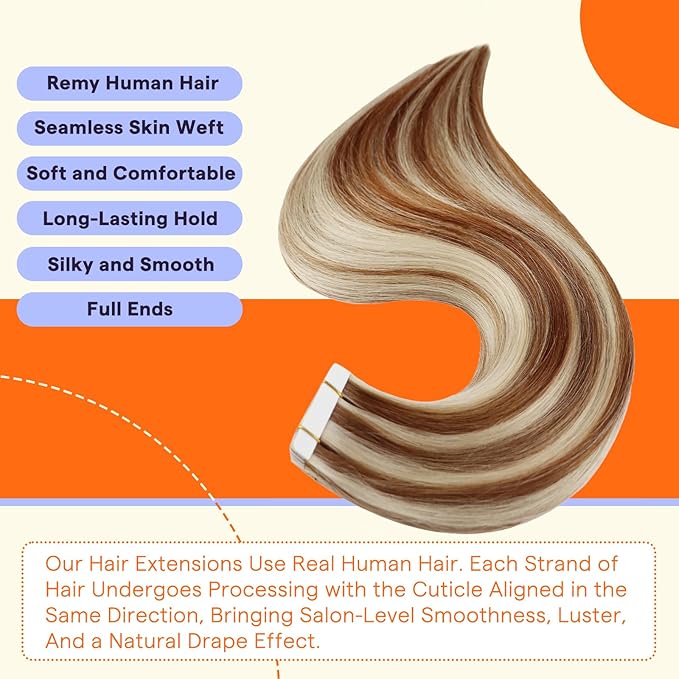 Full Shine Tape in Hair Extensions Human Hair 14 Inch Color 330 Auburn Highlight 800 Platinum Blonde Invisible Soft Human Hair Extensions Tape in 20PCS Seamless Skin Weft Extensions 50g for Wedding