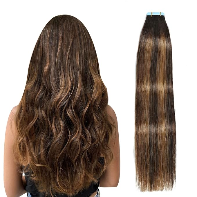 SUYYA Tape in Hair Extensions Human Hair Balayage Darkest Brown to Light Brown 12 Inch 40g/pack 20pcs Straight Seamless Skin Weft Tape in Real Human Hair Extensions(12inch #P2/8/T2)