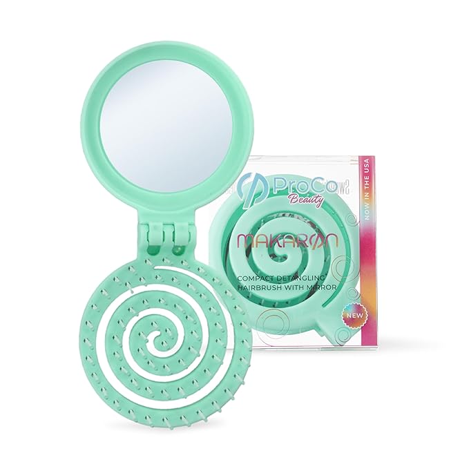 Mini Detangler Travel Hair Brush with Mirror, Makaron Hair Brushes for Women, Men and Kids, Unique 3D Flexible Design for All Hair Types, Styling Accessory, Travel Essentials for Women (MINT)