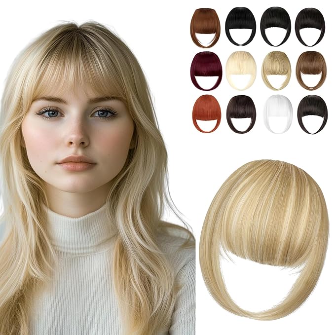 Clip in Bangs, Synthetic French Bangs Hair Clip, Fake Bangs Fringe with Temples Hairpieces for Women Natural Curved Hair Extensions for Daily Wear Light Blonde Mix Bleach Blonde