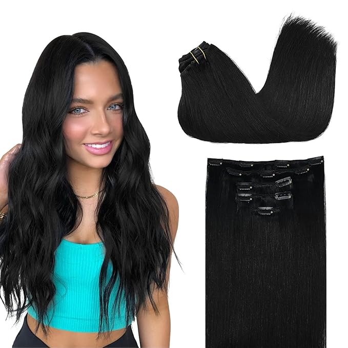 DOORES Clip-in Hair Extensions, 5pcs 80g Jet Black 18 Inch Remy Real Human Hair Straight Natural Extensions