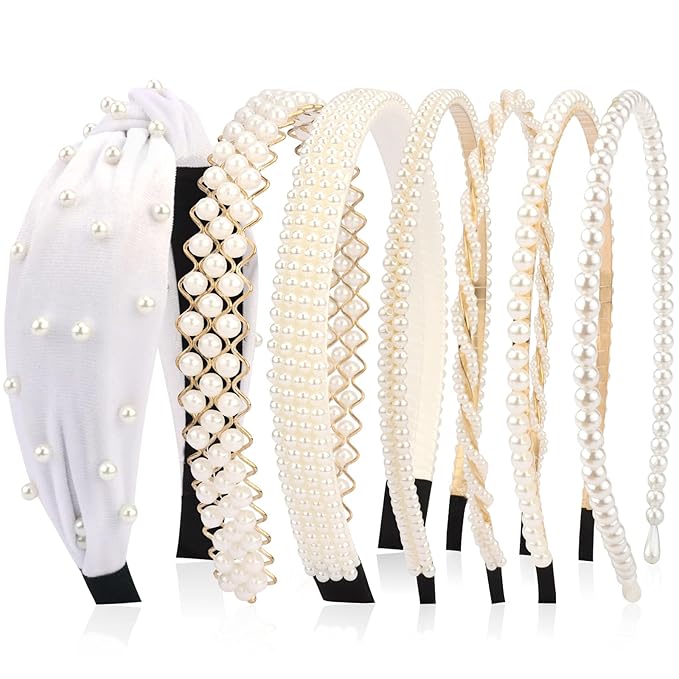 VELSCRUN Headbands for Women 7 Pcs Different Pearl Fashion Knotted Solid Head Bands Pearl Headband Non Slip Thin Hair Band for Womens Gilrs Thick Short Hair Face Wash Hair Accessories