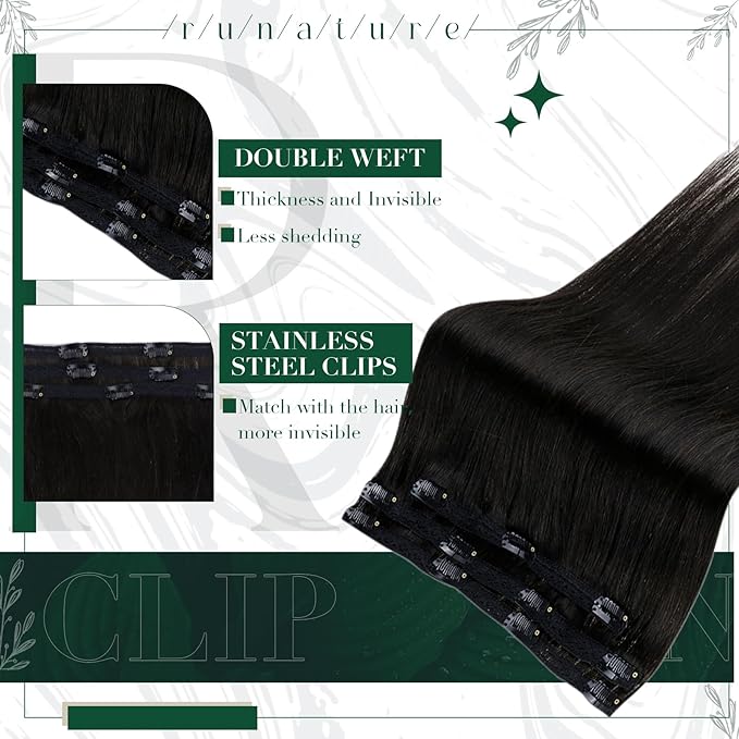 RUNATURE Black Clip in Hair Extensions, Real Human Hair Clip in Extensions, Short Hair Extensions Clip Ins 12 Inch, Remy Natural Hair, Easy To Apply, 50g 3pcs #1B Off Black
