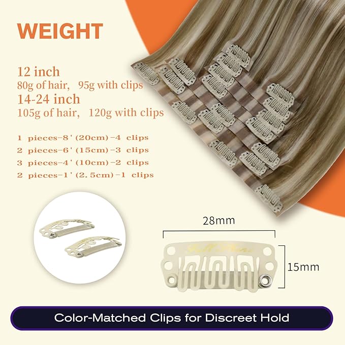 Full Shine Clip in Hair Extensions Real Human Hair Ash Brown with Platinum Blonde Highlights Seamless Clip in Extensions for Women 14 Inch 8 PCS 120 G