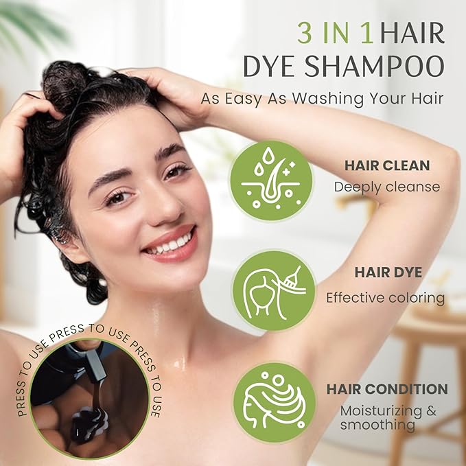Dark Brown Hair Dye Shampoo 3 in 1, 100% Gray Reducing, Instant Hair Color for Gray Hair Coverage, Natural Shampoo Hair Dye for Women & Men, Easy To Use & Lasts 3-4 Weeks & All Hair Types, 16.9 fl.oz