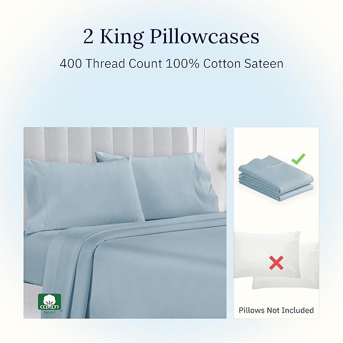 California Design Den King Size Pillowcase Set - 400 Thread Count, 100% Cotton Sateen, Set of 2 Pillow Covers, Soft and Breathable - Sky Blue