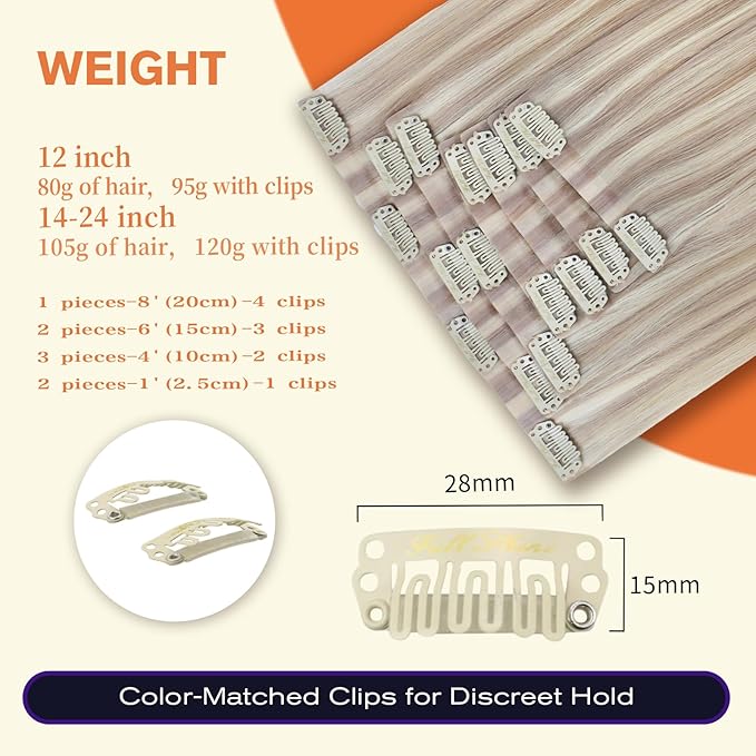 Full Shine Ash Blonde Clip in Extensions Human Hair 22 Inch PU Weft Real Hair Clip in Ash Blonde Highlights Platinum Blonde Silky Straight Remy Hair 8 PCS 120 G