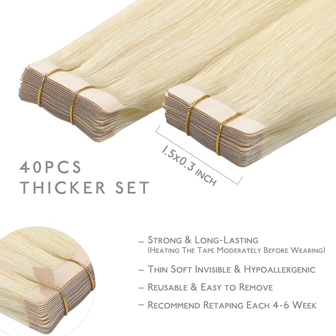 WENNALIFE Tape in Hair Extensions Human Hair, 40pcs 100g 14 inch Platinum Blonde Hair Extensions Real Human Hair Straight Tape in Extensions Invisible Human Hair Extensions