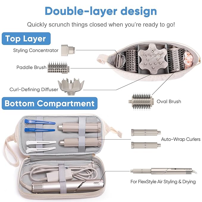 Initial Personalized Hair Dryer Case, Double-Layer Hair Tools Travel Carrying Case for Shark FlexStyle, Dyson Airwrap, and Supersonic Hair Dryer Attachments