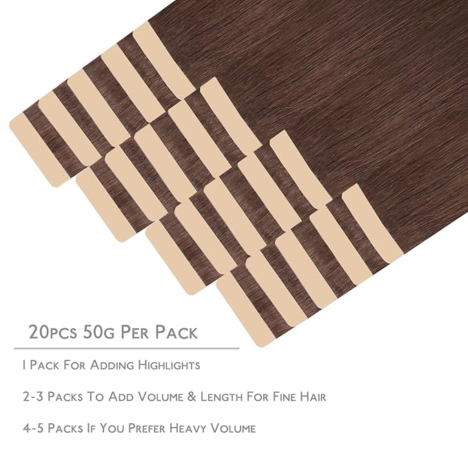 WENNALIFE Tape in Hair Extensions Human Hair, 20pcs 50g 16 inch Chocolate Brown Remy Hair Extensions Straight Human Hair Tape in Extensions Skin Weft Tape Extensions Human Hair