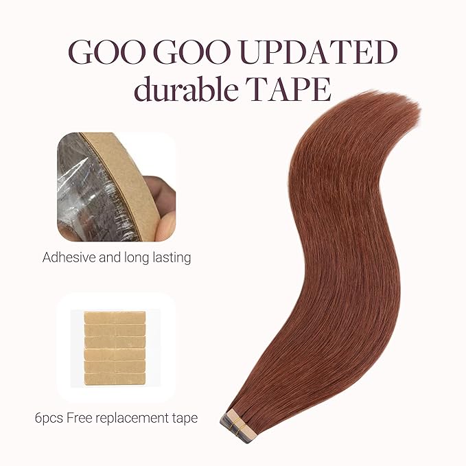 GOO GOO Tape in Hair Extensions Human Hair, #33B Dark Auburn Copper, 22inch 100g 40pcs, Skin Weft Seamless Invisible, Silky Straight with Thick Ends, Remy Human Hair