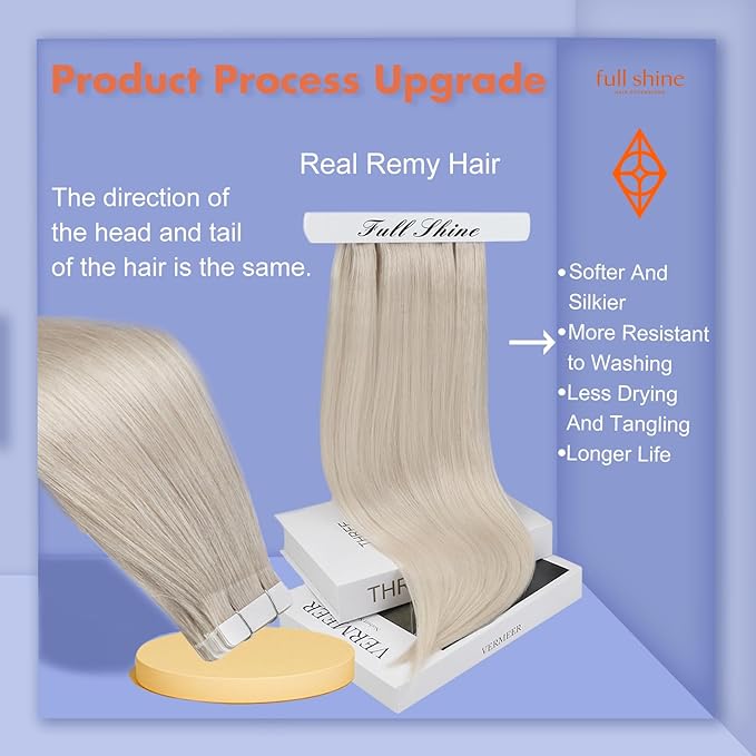Full Shine Natural Tape in Hair Extensions Color 1000 Tape in Extensions Human Hair Double Sided Adhesive Invisible Extension 20Inch Long Skin Weft 100G 40Pcs for Party