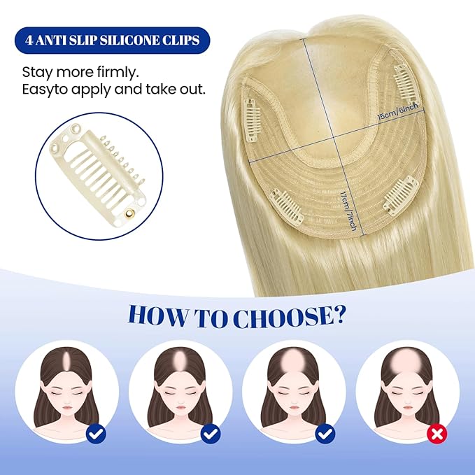 WORLDSTAR Human Hair Toppers for Women Real Human Hair No Bangs 6 * 7 Inch Base 12 Inch 55g #60 Platinum Blonde Hair Topper for Women with Thinning or Grey Roots (tp#60-12