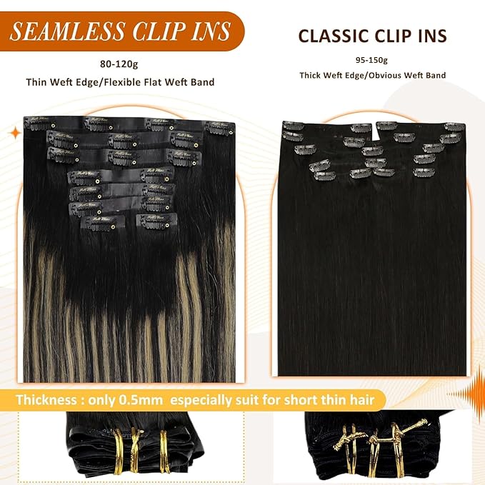 Full Shine Seamless Clip in Hair Extensions Human Hair Ombre Natural Black Mixed Caramel Blonde Invisible Clip in Hair Extensions Human Hair with PU Weft 16 Inch 120 Grams 8pcs