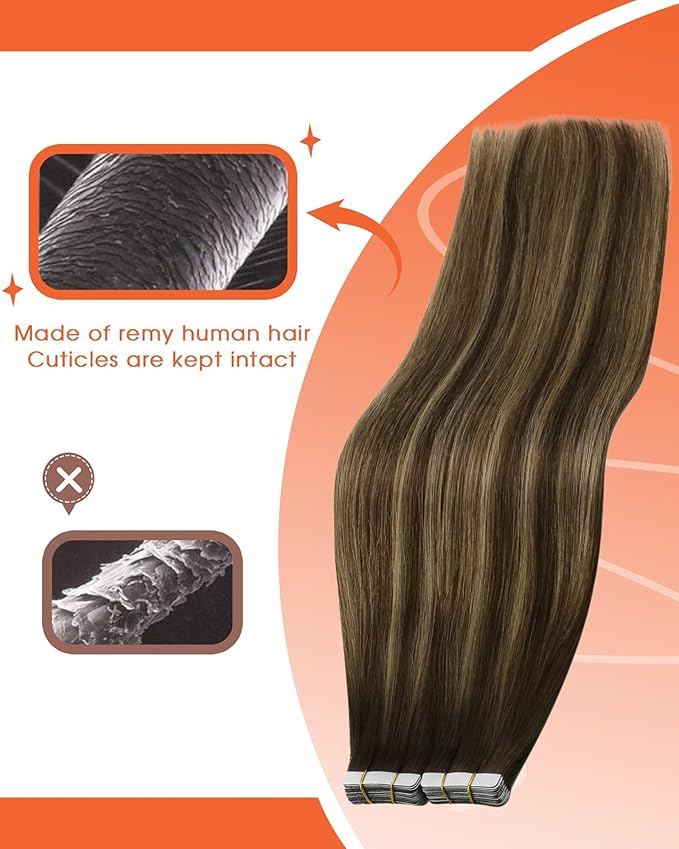 Sunny Hair Tape in Hair Extensions Real Human Hair Invisible Remy Hair Extensions Tape ins for Women Dark Brown Ombre Caramel Blonde Balayage 20 inch 25G