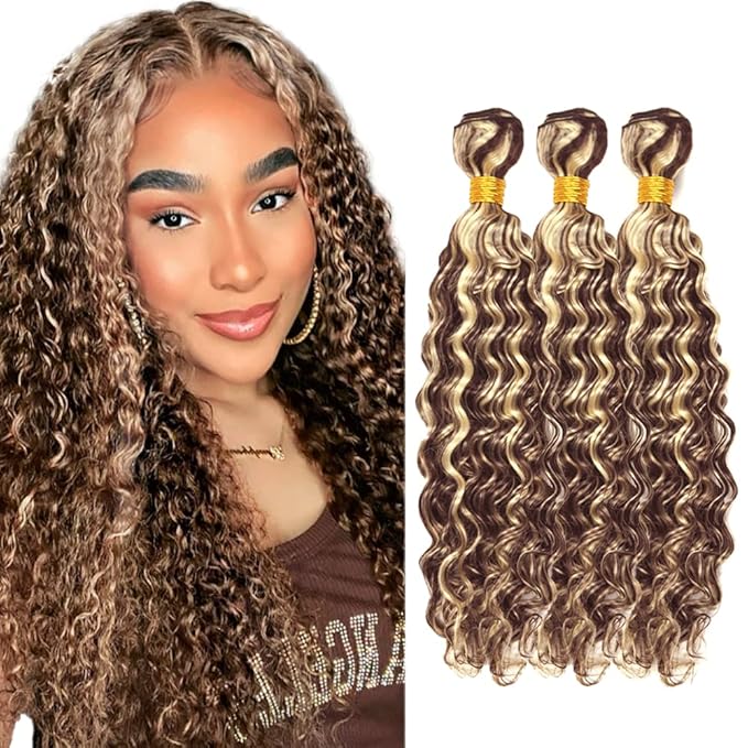 Highlight Bundles Human Hair P4/613 Deep Wave Bundle 16 18 20 Inch Niegmeag Brazilian Virgin Remy Hair Extensions Double Weft 2 Tone Brown and Blonde Bundles 300g