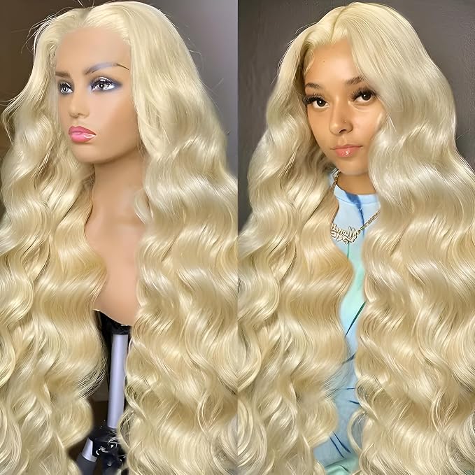 32 Inch 613 Blonde Lace Front Wig Synthetic Hair Pre-Styled Body Wave 13x4 HD Transparent Lace Glueless Wig with Wig Cap for Women