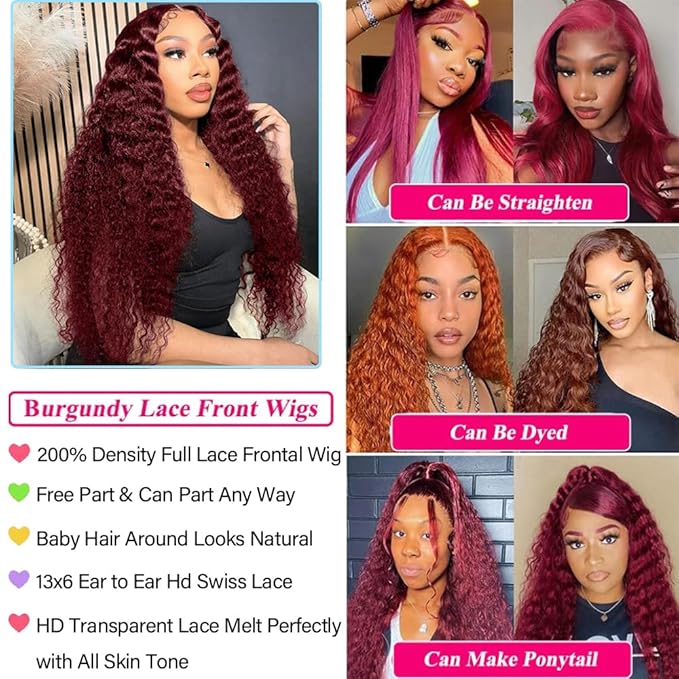 22 Inch 99J Burgundy Deep Wave Lace Front Wigs Human Hair 200% Density 13x6 Lace Front Wigs Human Hair Glueless HD Lace Frontal Wigs for Women