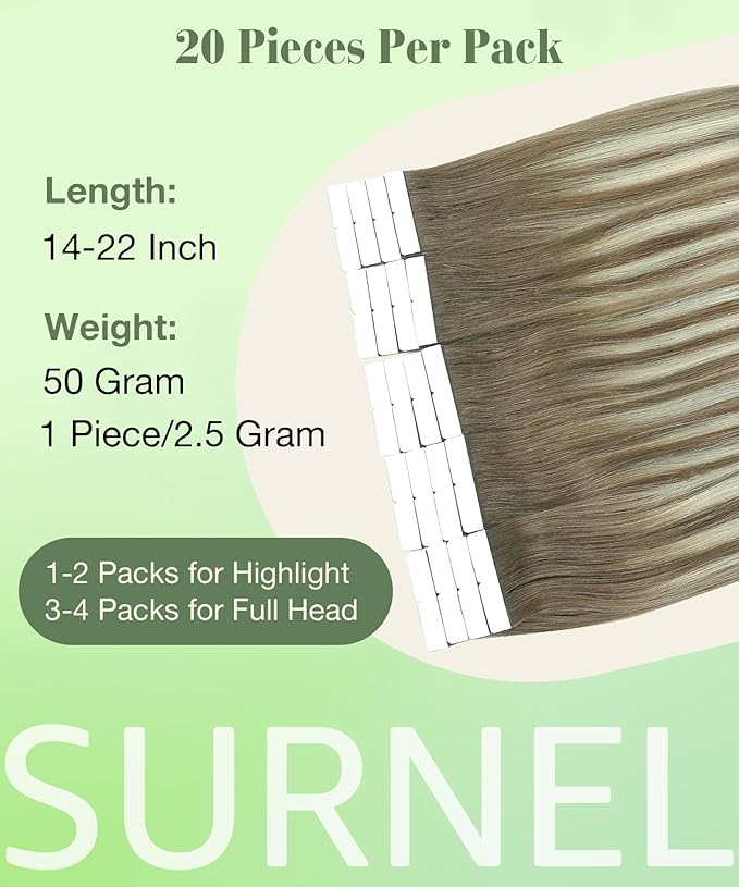 SURNEL 22 inch Tape in Hair Extensions Ombre Color 8 Ash Brown Fading to 60 Platinum Blonde Tape in Hair Extension Hum an Hair 20pcs 50g(#8T60-22)