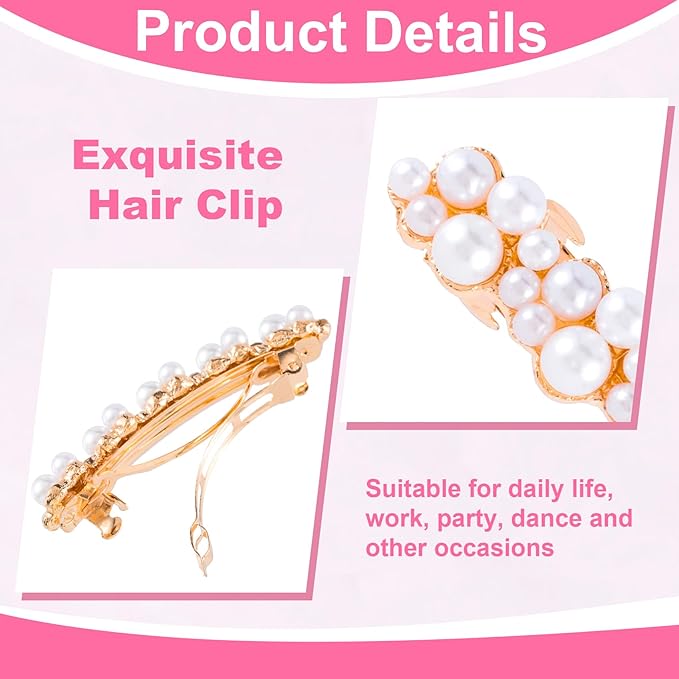 2 Pcs Pearl Hair Clips, Pearl-Embellished Barrette, Elegant Rhinestone Pearls Barrettes for Women, Party, Wedding, Daily Use, Graduation (Gold)