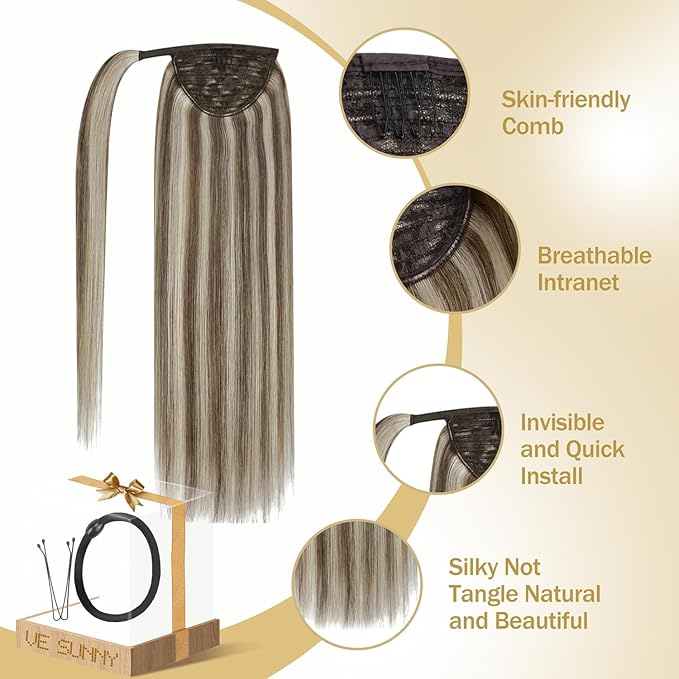 Ve Sunny Hair Extensions Ponytail Real Human Hair Wrap Around Clip in Ponytail Hair Extensions Straight Extensions Human Hair for Women Light Brown Highlights Platinum Blonde 18inch 80G