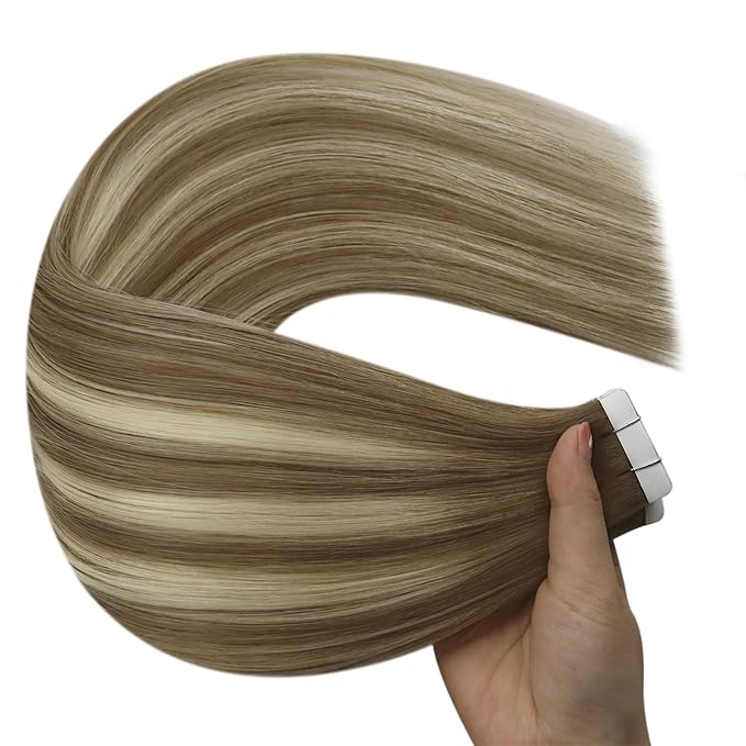 YoungSee Human Hair Tape in Extensions Balayage Invisible Tape in Hair Extensions Human Hair Light Brown Ombre Blonde Tapes ins Human Hair Long Hair Extension 24 Inch 20pcs Hair Extension Tape-in 50g