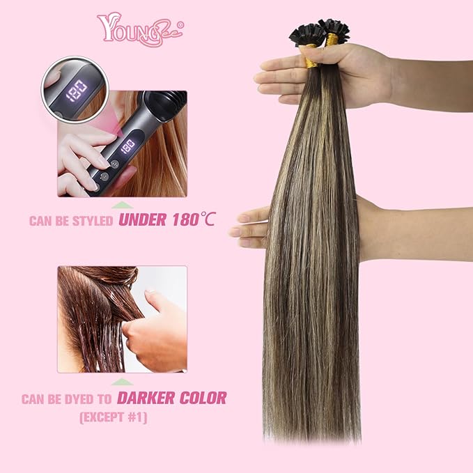 YoungSee K Tip Hair Extensions Human Hair Dark Brown Ombre Ash Blonde K Tip Hair Extensions Human Hair Ombre 22In 1G/S 50G