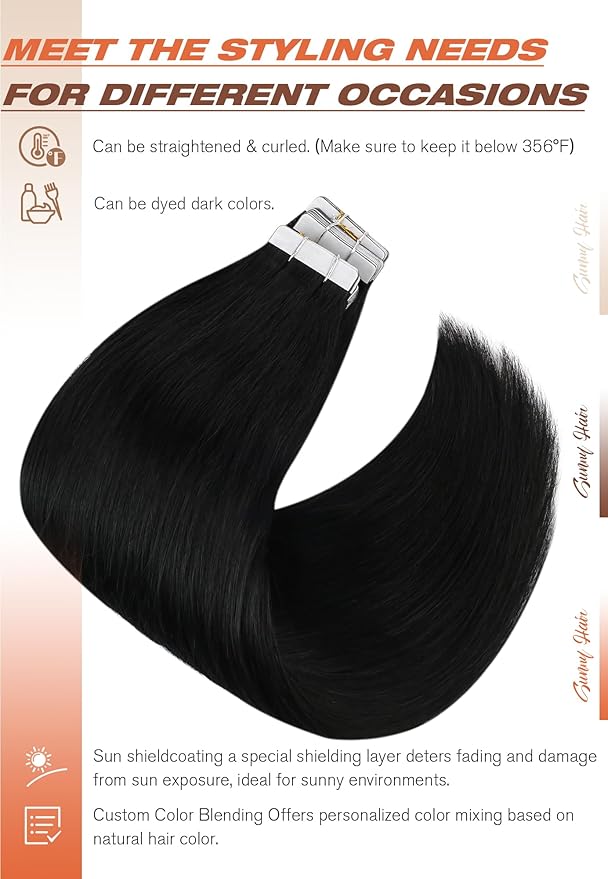 Sunny Hair Tape in Hair Extensions Human Hair 18inch Hair Extensions Real Human Hair Tape in Extensions for Women Jet Black Invisible Remy Hair Natural Straight Skin Weft Double Sided Tape 40pcs 100g