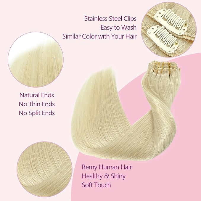 PINKPEARL Clip in Hair Extensions #60 Platinum Blonde Clip in Hair Extensions Real Human Hair 7pcs 120g 18inch Blonde Hair Extensios Clip ins for Women Straight Natural Human Hair Clip ins (#60-18)