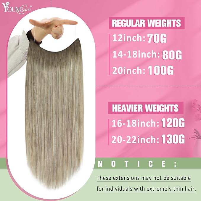 YoungSee 135G Wire Hair Extensions Ombre Blonde Invisible Wire Human Hair Extensions Ash Blonde to Platinum Human Hair Fish Line Extensions Long Straight Hair 24Inch