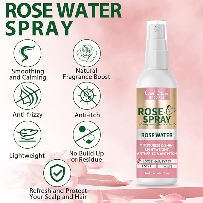 Rose Water Spray Scalp Moisturize Rose Water for Hair Refreshing- Rose Mist for Braid, Locs, Twist, Dreadlock, Rose Spray Medium Bristles for Thick Coarse Detangling Smoothing Wave Styles Set 3.4 floz