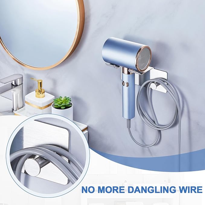 Hair Dryer Holder Wall Mounted, Blow Dryer Holder Adhesive, Metal Hairdryer Holder for Bathroom, Hair Tool Organizer with Plug&Cord for Cabinet Bathroom Bedroom Barber Shops