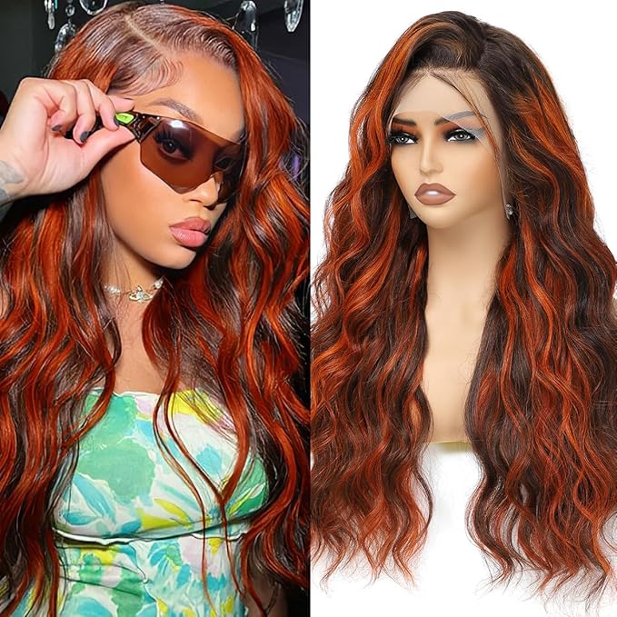 P4/350 Ginger Orange and Brown Colored Body Wave Lace Front Wigs Human Hair 13x4 Highlight HD Lace Front Wig Human Hair Pre Plucked for Black Women 180% Density Glueless Wig 32Inch