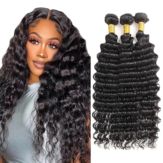 Natural Black Deep Wave Bundles Human Hair Color 1B Bundle Niegmeag Brazilian Virgin Soft and Silky Remy Hair 3 Bundles 16 18 20 Inch Double Weft Color 1B Deep Wave Bundle