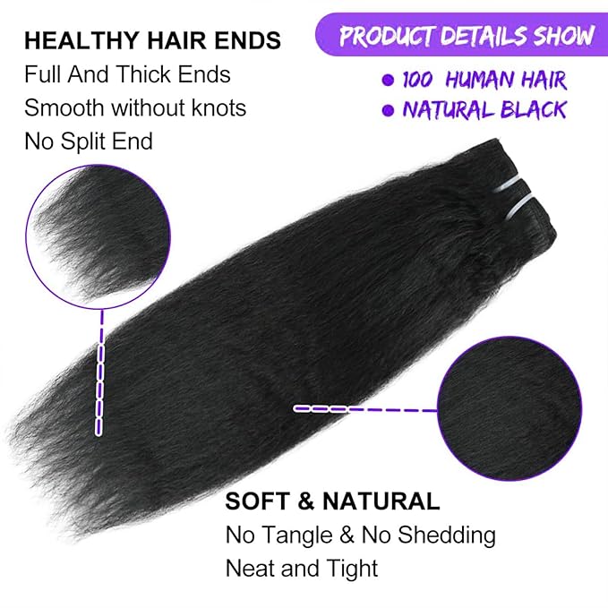 Kinky Straight Clip in Hair Extensions 22 Inch Human Hair Yaki Straight Clip ins Seamless Remy Human Hair Clip in Extensions for Women Natural Black 8Pcs 100g 20 Clips