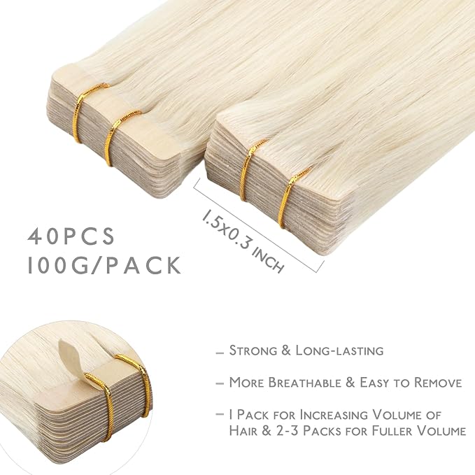 WENNALIFE Invisi Edge & Classic Tape in Hair Extensions Human Hair, 20 Inch 100g 40pcs(20pcs Invisi Edge & 20pcs Classic) Platinum Blonde Invisible Luxury Remy Hair