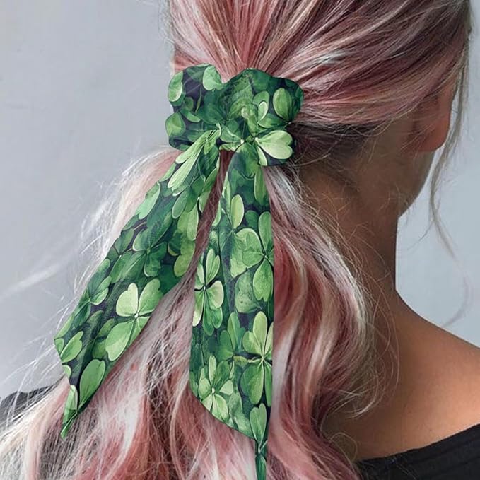 Four Leaf Ladybug Satin Hair Ties for Curly Hair 2 Piece Fashion Bow Scrunchies with Ribbon for St Patricks Day Long Ribbon Hair Ties Knotted Bow